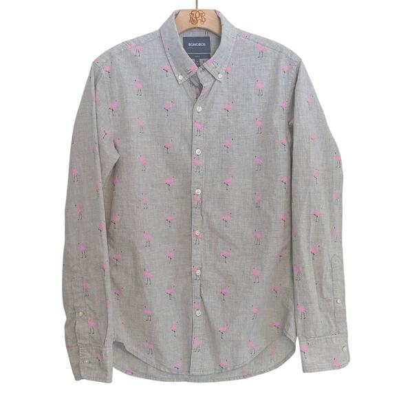 Bonobos Men's Slim Fit Pink Flamingo Button Down Shirt Size S Gray Casual Spring - Picture 1 of 8